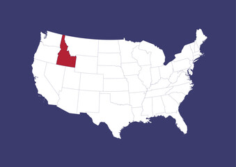 Idaho on the United States of America map, position of Idaho in the USA. Map in the colors of the USA flag.