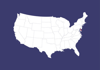 Delaware on the United States of America map, position of Delaware in the USA. Map in the colors of the USA flag.