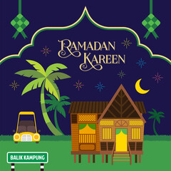 Ramadan Kareem greeting with traditional malay village house with coconut tree and islamic decorative elements