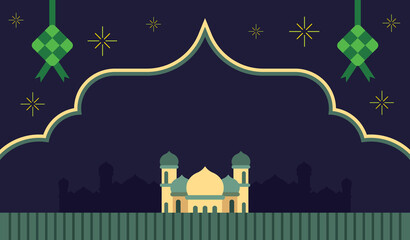 Blank empty signboard for Ramadan Kareem greeting with flat design mosque graphic and islamic decorative elements