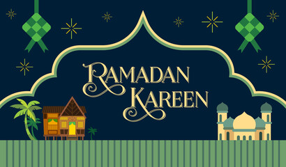 Ramadan kareem greeting and Islamic festival background with traditional village house and mosque budiling 