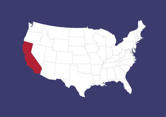 California on the United States of America map, position of California in the USA. Map in the colors of the USA flag.