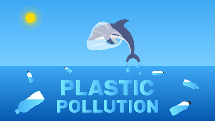 stop plastic pollution banner design.jumping dolphin from the water with plastic bag on head vector illustration