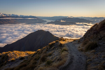 Sunrise over Roys Peak, Lake Wanaka and Mount Aspiring, South Island, New Zealand