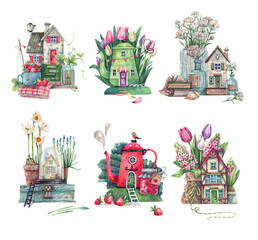 Naklejka premium Collection of fairy tale houses painted in watercolor and isolated on a white background. Rural houses with flowers and strawberries, teapot house, coffee pot house.