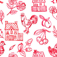 Vintage watercolor pattern with domestic birds, berries and fruits, rural houses and flowers in sketch style. Rooster, chicken, cherry, strawberry, vintage farmhouse hand drawn texture.