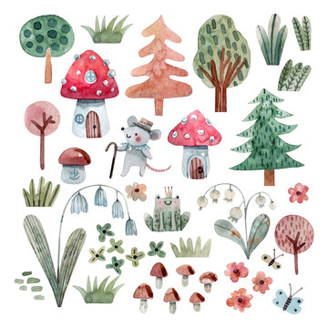 Collection of forest elements and characters painted in watercolor in kids style. Forest trees, mushrooms, flowers and herbs, mouse and frog hand drawn isolated on white background.