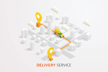 Delivery trucks and delivery boxes on map background and road.