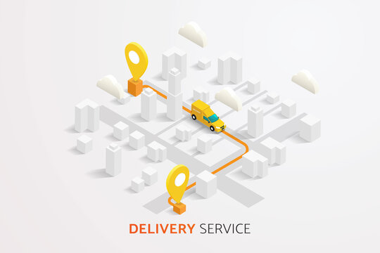 Delivery trucks and delivery boxes on map background and road.