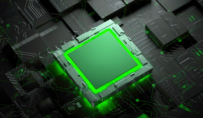 Fototapeta premium 3D rendering of cyberpunk AI. Circuit board. Technology background. Central Computer Processors CPU and GPU concept. Motherboard digital chip. Tech science background.