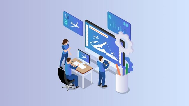 Group of engineers making aircraft on computer
