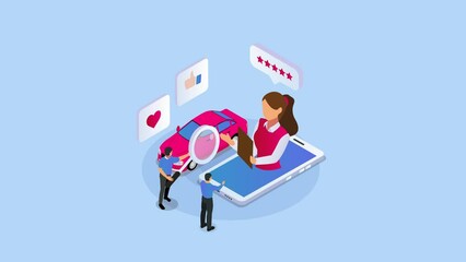 Saleswoman show car to her customer on cellphone