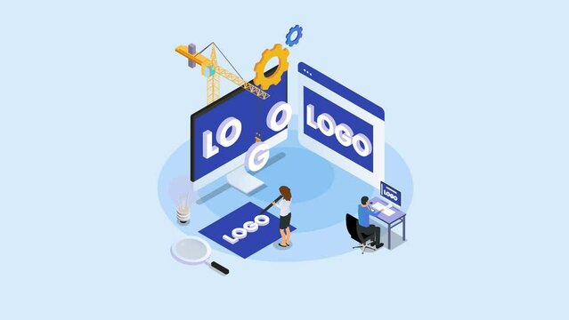 Two business people making a logo word