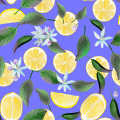 Lemon slices watercolor seamless pattern. Pieces of yellow citrus with leaves and flowers on a purple background. For textiles and wallpapers. Wrapping paper and fresh summer background.	