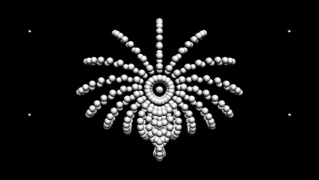 Animation of white particle that are arranged around each other in a circle on black background. Motion of abstract white firework, Video animated background.