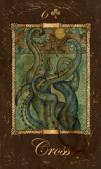 Cross. Card of Old Marine Lenormand Oracle deck. Fantasy vintage watercolor illustration with mystic symbols in nautical style, colorful graphic drawing.