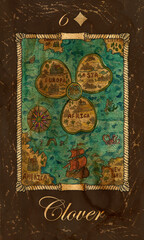 Clover. Card of Old Marine Lenormand Oracle deck. Fantasy vintage watercolor illustration with mystic symbols in nautical style, colorful graphic drawing.