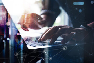 Blue Digital software technology and data exchange, big data, internet network connections concept, Man using laptop computer with futuristic digital technology background