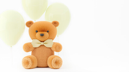 3D rendering illustration of a cute brown toy bear with balloon on white background.