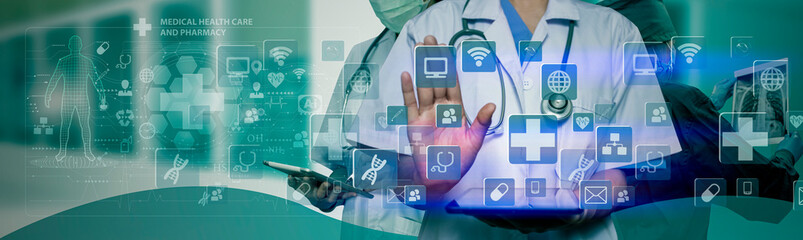 Medicine doctor using digital healthcare and network connection on hologram modern virtual screen...