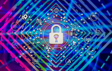 binary code lock, business virtual screen with code, digital network,	