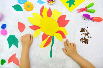 Obraz na płótnie Canvas DIY home made Sunflower from paper, plasticine with natural watermelon seeds. reuse that what you have. Kindergarten and school development. Childrens art project, handmade