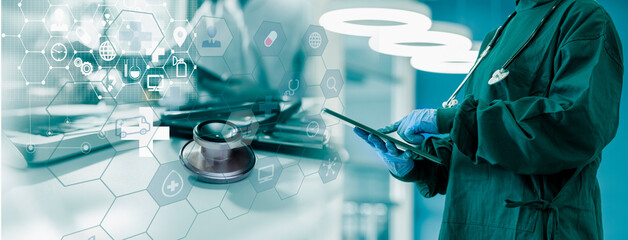 Medicine doctor using digital healthcare and network connection on hologram modern virtual screen...