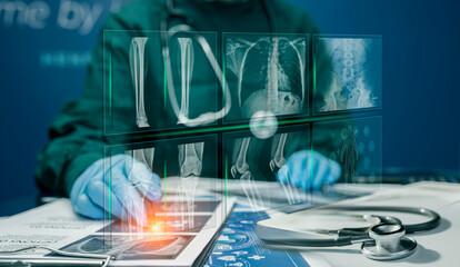 Medicine doctor using digital healthcare and network connection on hologram modern virtual screen interface icons, Medical technology futuristic concept.