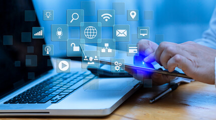 Business people hands working on network and digital finance marketing chart with future technology innovation and digital transformation concept.