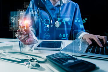 Medicine doctor using digital healthcare and network connection on hologram modern virtual screen interface icons, Medical technology futuristic concept.