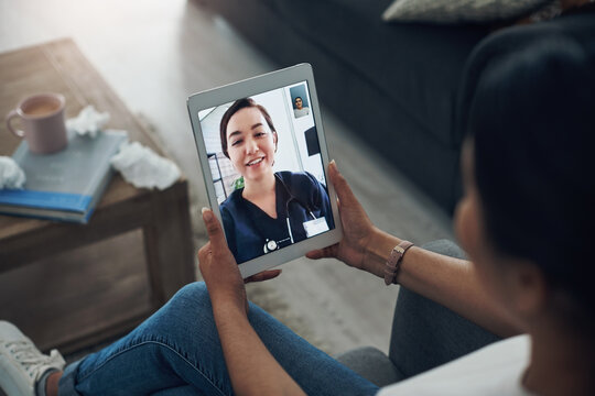 Im happy to see you again. Shot of an unrecognizable person on a videocall with a doctor.
