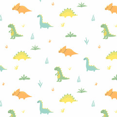 Childish seamless pattern with dinosaurs. Hand-drawn pattern with cute dinos. Doodle pattern with different dinosaurs.Vector illustration.