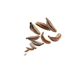 Cumin seeds levitate on a white background