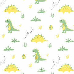 Childish seamless pattern with dinosaurs. Hand drawn illustration with cute green and yellow dinosaurs. vector illustration.