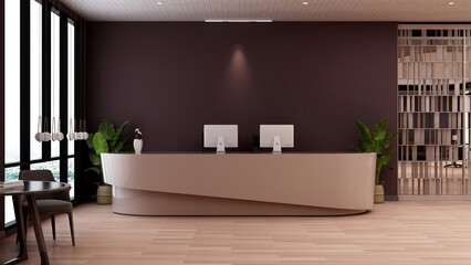 office front desk or receptionist room with wooden design interior