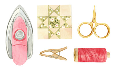 Hand painted watercolor illustration - quilting accessories.