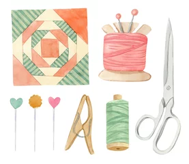 Hand painted watercolor illustration - quilting accessories. © astaru