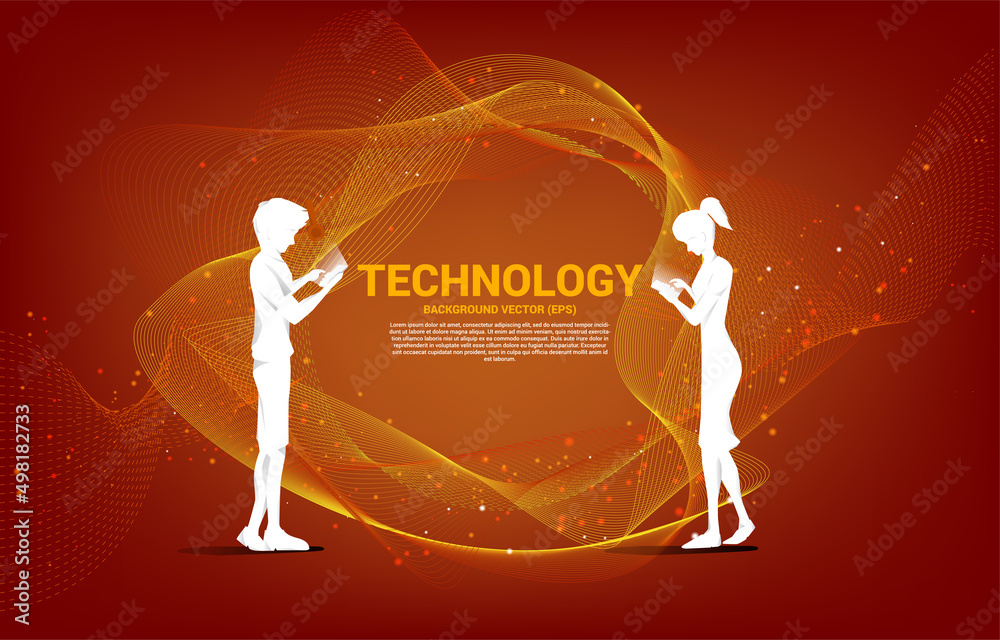 Wall mural Silhouette of man and woman use mobile phone and wave line and particles graphic style. Concept for mobile technology and futuristic.