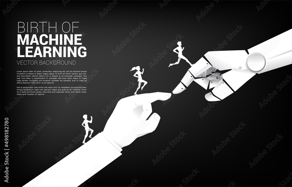 Poster silhouette of businessman running on robot hand touch with human hand. concept birth of a.i. learnin