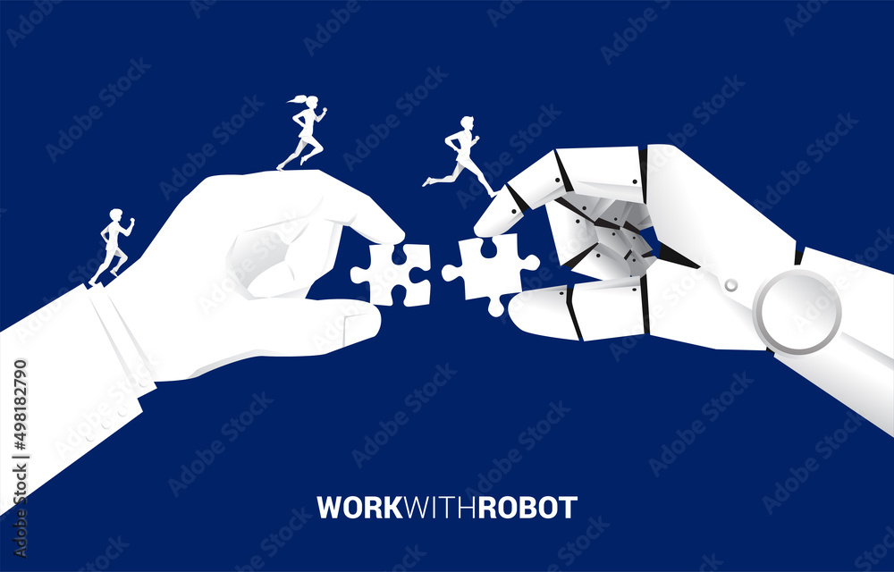 Poster businessman and businesswoman running on businessman and robot hand put jigsaw piece to fit together