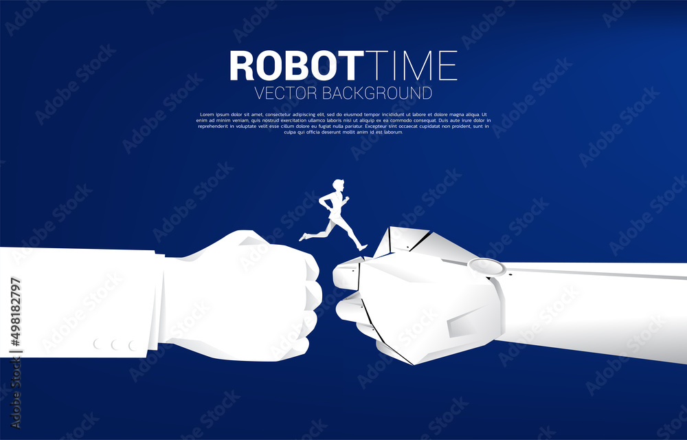 Poster silhouette of businessman running on robot and human hand ready to make fist bump. background concep