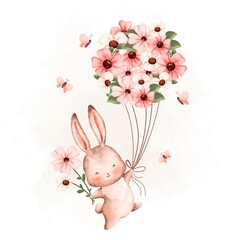 Naklejka na ściany i meble Watercolor Illustration Rabbit and flower bouquet balloon2