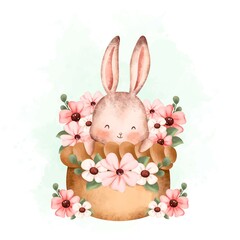 Watercolor Illustration Spring Rabbit and Flower in basket 