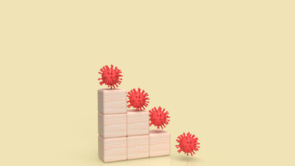 The red virus and wood cube for sci or medical concept 3d rendering