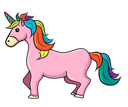 Cute Cartoon Vector Rainbow Unicorn Standing Isolated