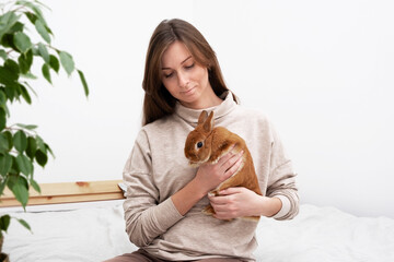 Attractive caucasian brunette woman,girl with long hair holding,playing with cute little bunny rabbit rodent,sitting on bed at home on white background.Pet care, animal love,Easter concept