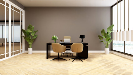 3d office minimalist room with wooden design interior