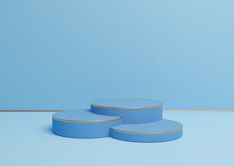 Bright, light sky blue 3D rendering simple product display with three podiums or stand with golden line minimal background composition for luxurious products