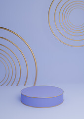 Obraz premium Light, pastel blue 3D rendering minimal product display luxury cylinder podium or product background abstract composition with golden lines and circles