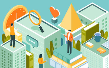 Isometric people and books, world book day, vector illustration